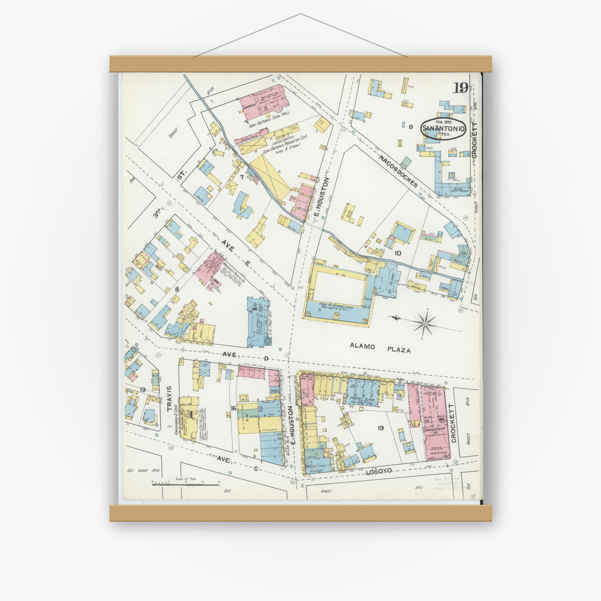 Old map wall art mockup — magnetic wood frame on white wall — Sanborn Fire Insurance Map from San Antonio, Bexar County, Texas (1892), Sheet #0019
