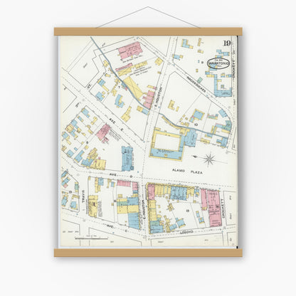 Old map wall art mockup — magnetic wood frame on white wall — Sanborn Fire Insurance Map from San Antonio, Bexar County, Texas (1892), Sheet #0019