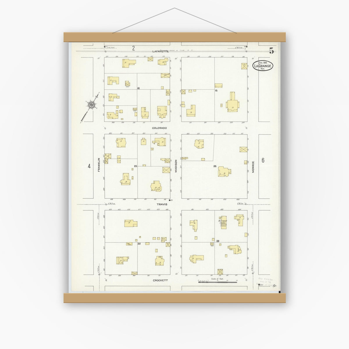 Old map wall art mockup — magnetic wood frame on white wall — Sanborn Fire Insurance Map from La Grange, Fayette County, Texas (1912), Sheet #0005