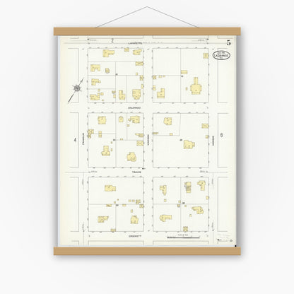 Old map wall art mockup — magnetic wood frame on white wall — Sanborn Fire Insurance Map from La Grange, Fayette County, Texas (1912), Sheet #0005