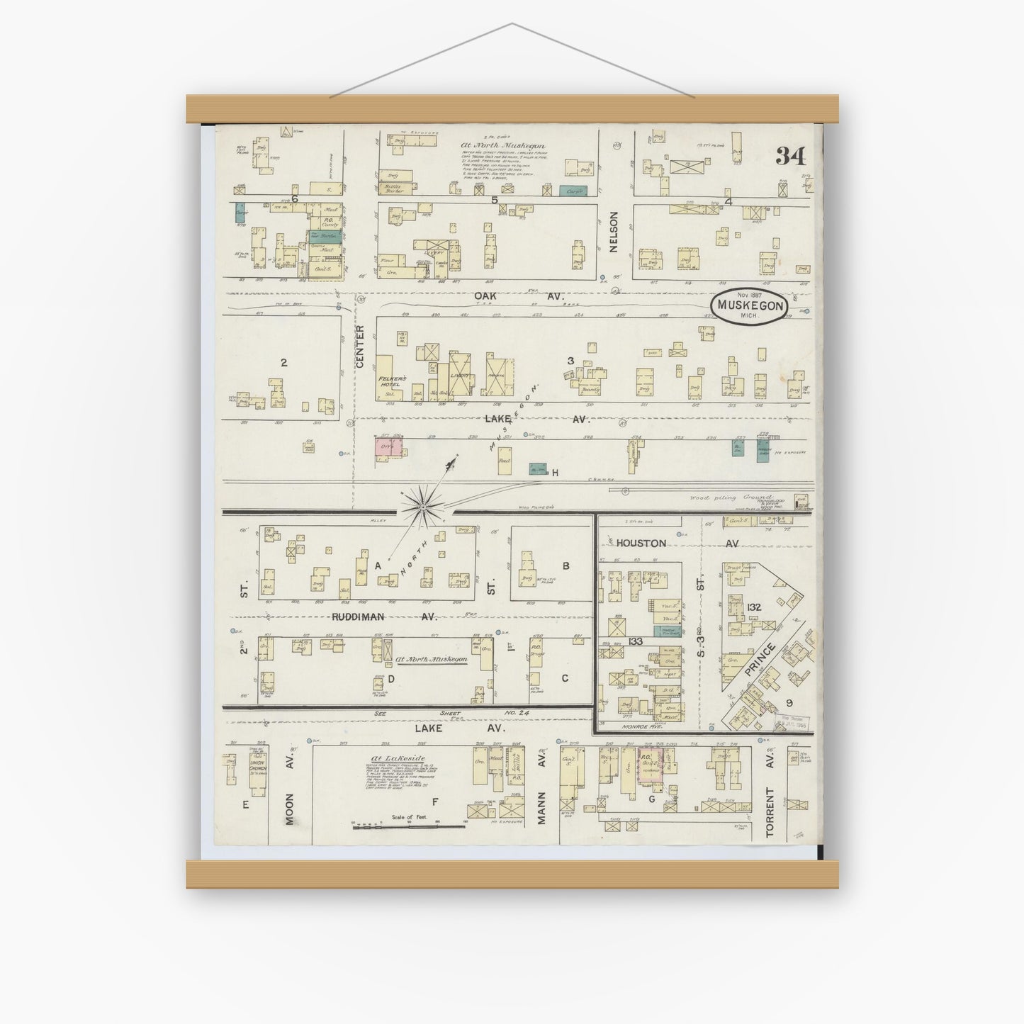 Old map wall art mockup — magnetic wood frame on white wall — Sanborn Fire Insurance Map from Muskegon, Muskegon County, Michigan (1887), Sheet #0034
