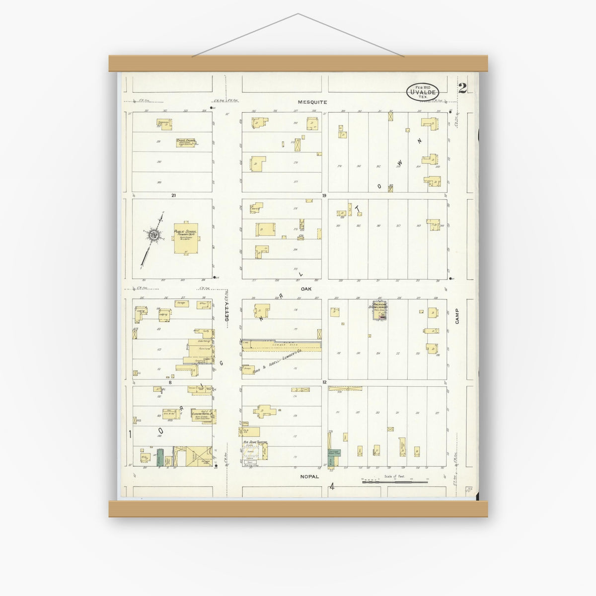 Old map wall art mockup — magnetic wood frame on white wall — Sanborn Fire Insurance Map from Uvalde, Uvalde County, Texas (1910), Sheet #0002