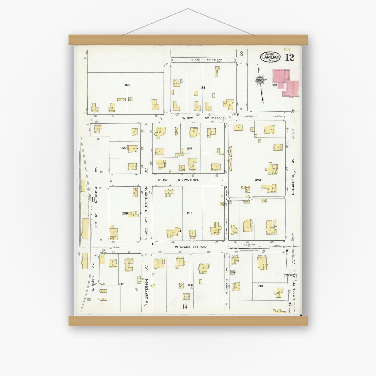 Old map wall art mockup — magnetic wood frame on white wall — Sanborn Fire Insurance Map from Cameron, Milam County, Texas (1920), Sheet #0012