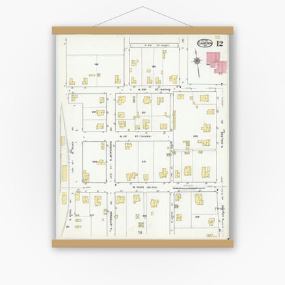Old map wall art mockup — magnetic wood frame on white wall — Sanborn Fire Insurance Map from Cameron, Milam County, Texas (1920), Sheet #0012
