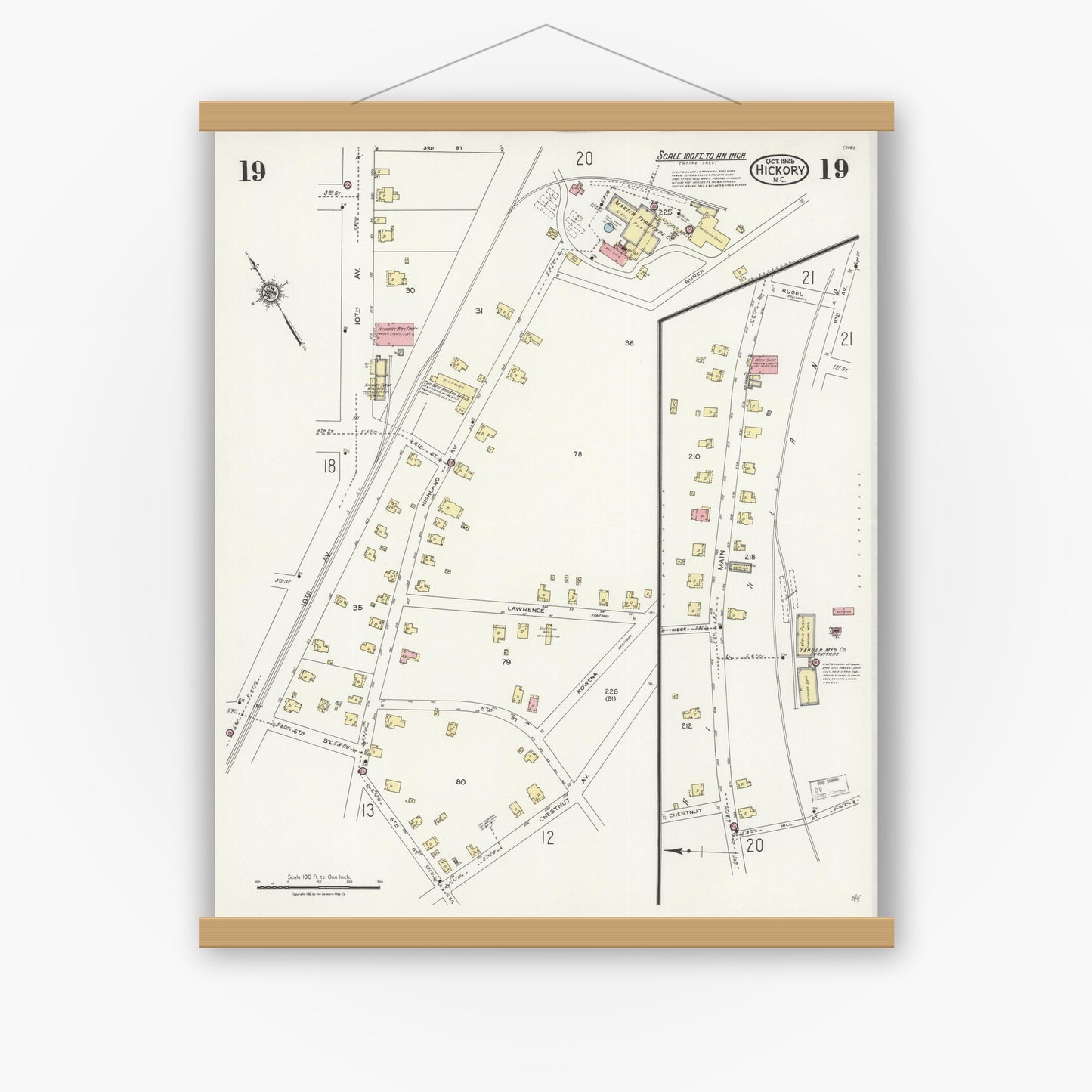Old map wall art mockup — magnetic wood frame on white wall — Sanborn Fire Insurance Map from Hickory, Catawba County, North Carolina (1925), Sheet #0019
