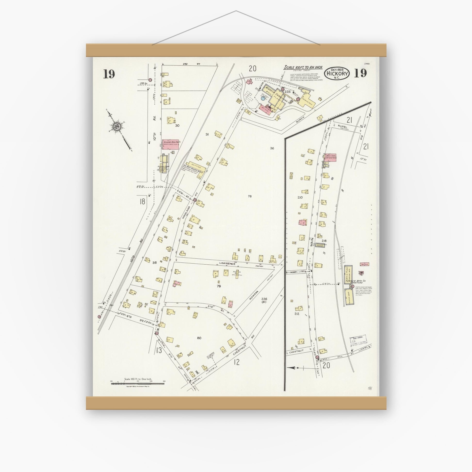 Old map wall art mockup — magnetic wood frame on white wall — Sanborn Fire Insurance Map from Hickory, Catawba County, North Carolina (1925), Sheet #0019
