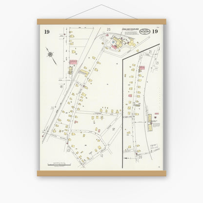 Old map wall art mockup — magnetic wood frame on white wall — Sanborn Fire Insurance Map from Hickory, Catawba County, North Carolina (1925), Sheet #0019