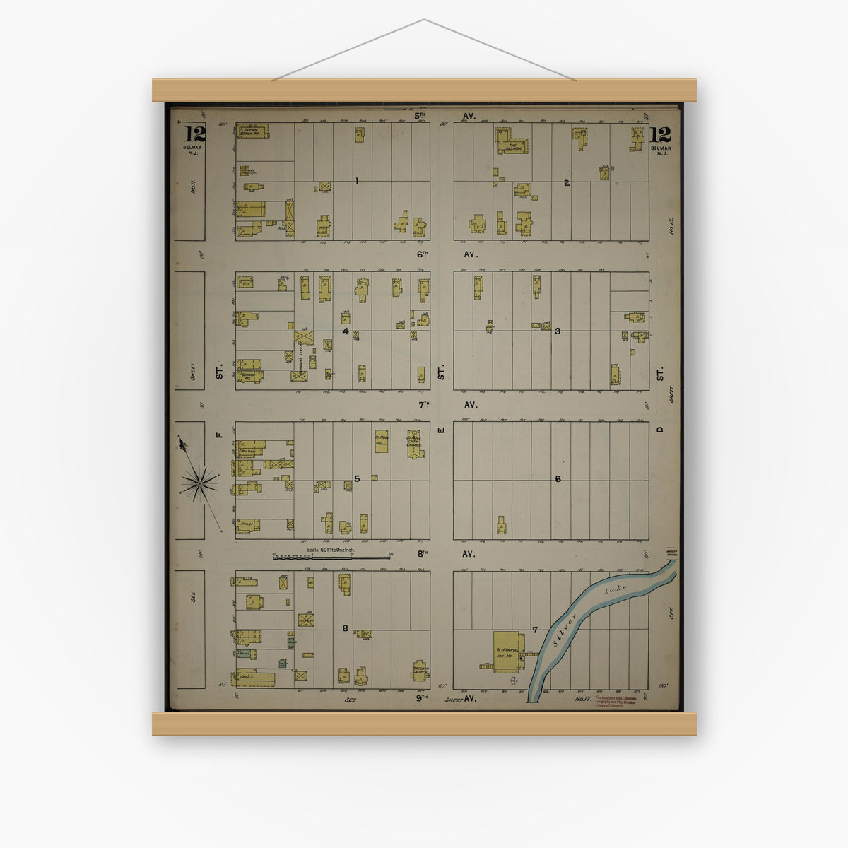 Old map wall art mockup — magnetic wood frame on white wall — Sanborn Fire Insurance Map from New Jersey Coast, New Jersey Coast, New Jersey (1890), Sheet #0012