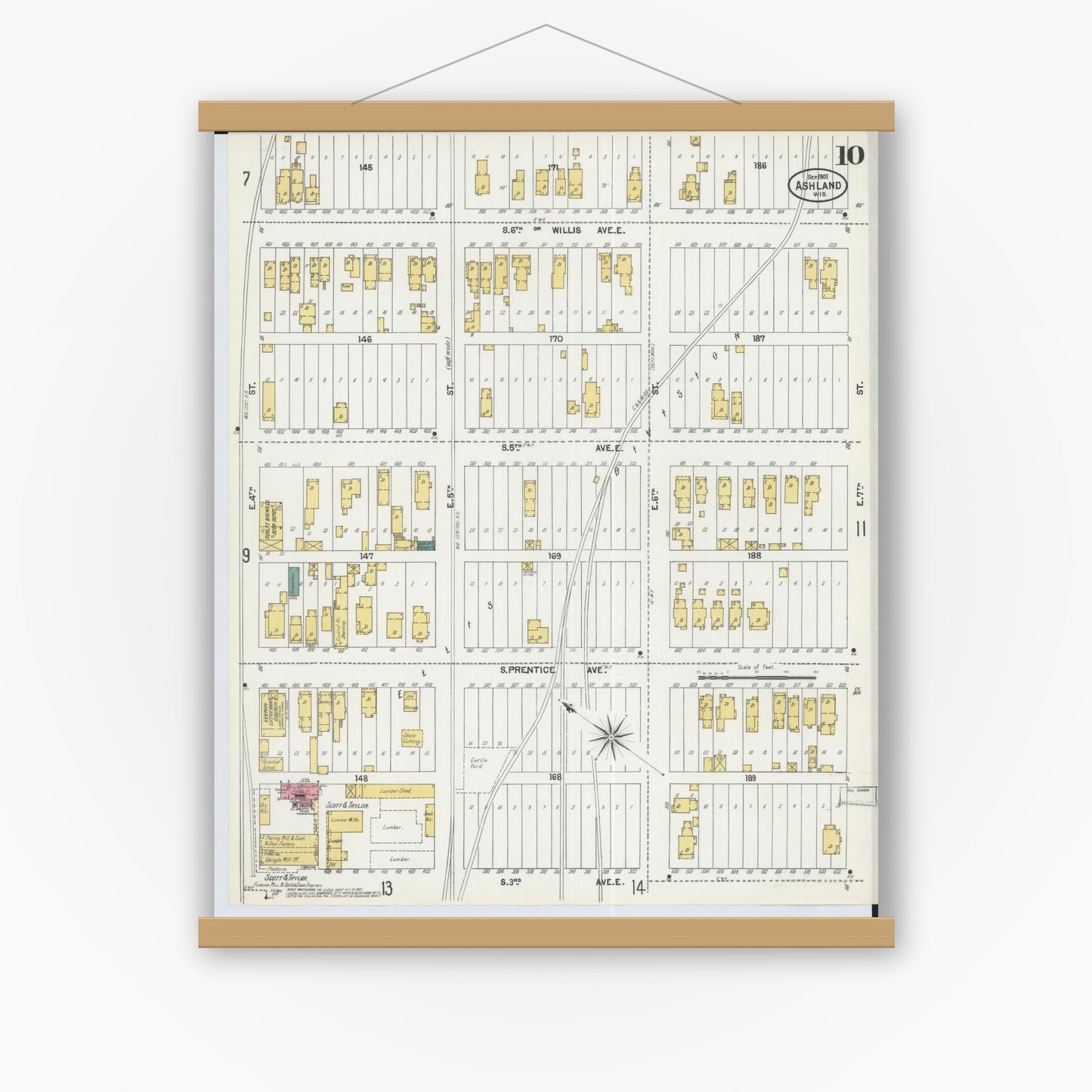 Old map wall art mockup — magnetic wood frame on white wall — Sanborn Fire Insurance Map from Ashland, Ashland County, Wisconsin (1901), Sheet #0010