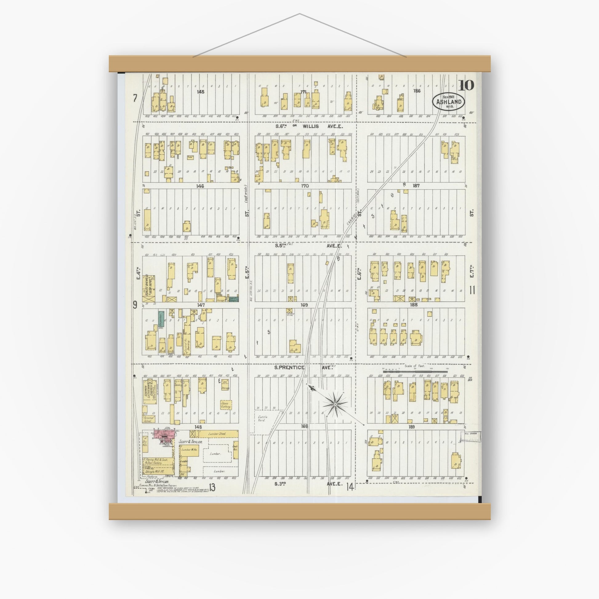 Old map wall art mockup — magnetic wood frame on white wall — Sanborn Fire Insurance Map from Ashland, Ashland County, Wisconsin (1901), Sheet #0010