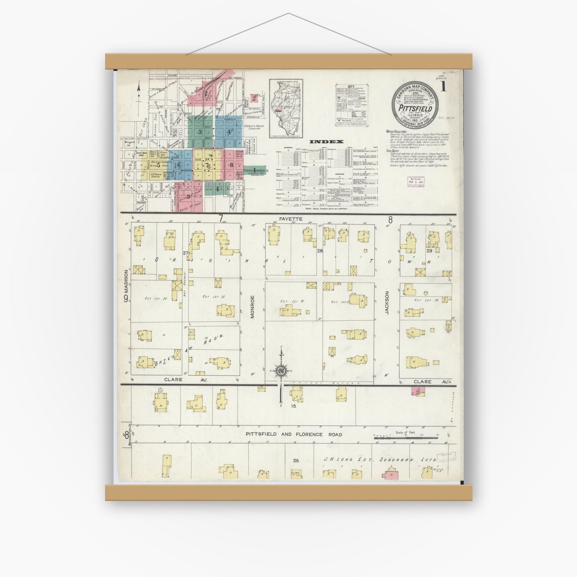 Old map wall art mockup — magnetic wood frame on white wall — Sanborn Fire Insurance Map from Pittsfield, Pike County, Illinois (1913), Sheet #0001