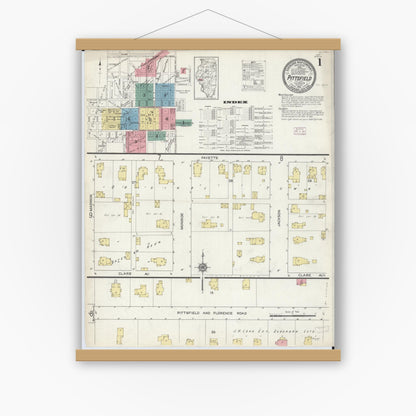 Old map wall art mockup — magnetic wood frame on white wall — Sanborn Fire Insurance Map from Pittsfield, Pike County, Illinois (1913), Sheet #0001