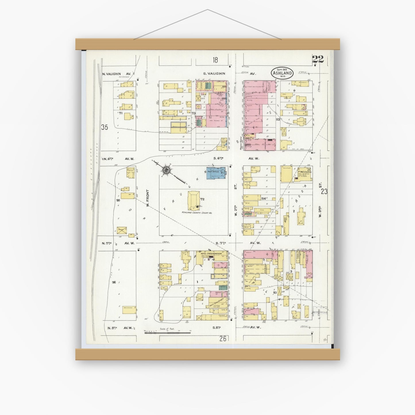 Old map wall art mockup — magnetic wood frame on white wall — Sanborn Fire Insurance Map from Ashland, Ashland County, Wisconsin (1909), Sheet #0022