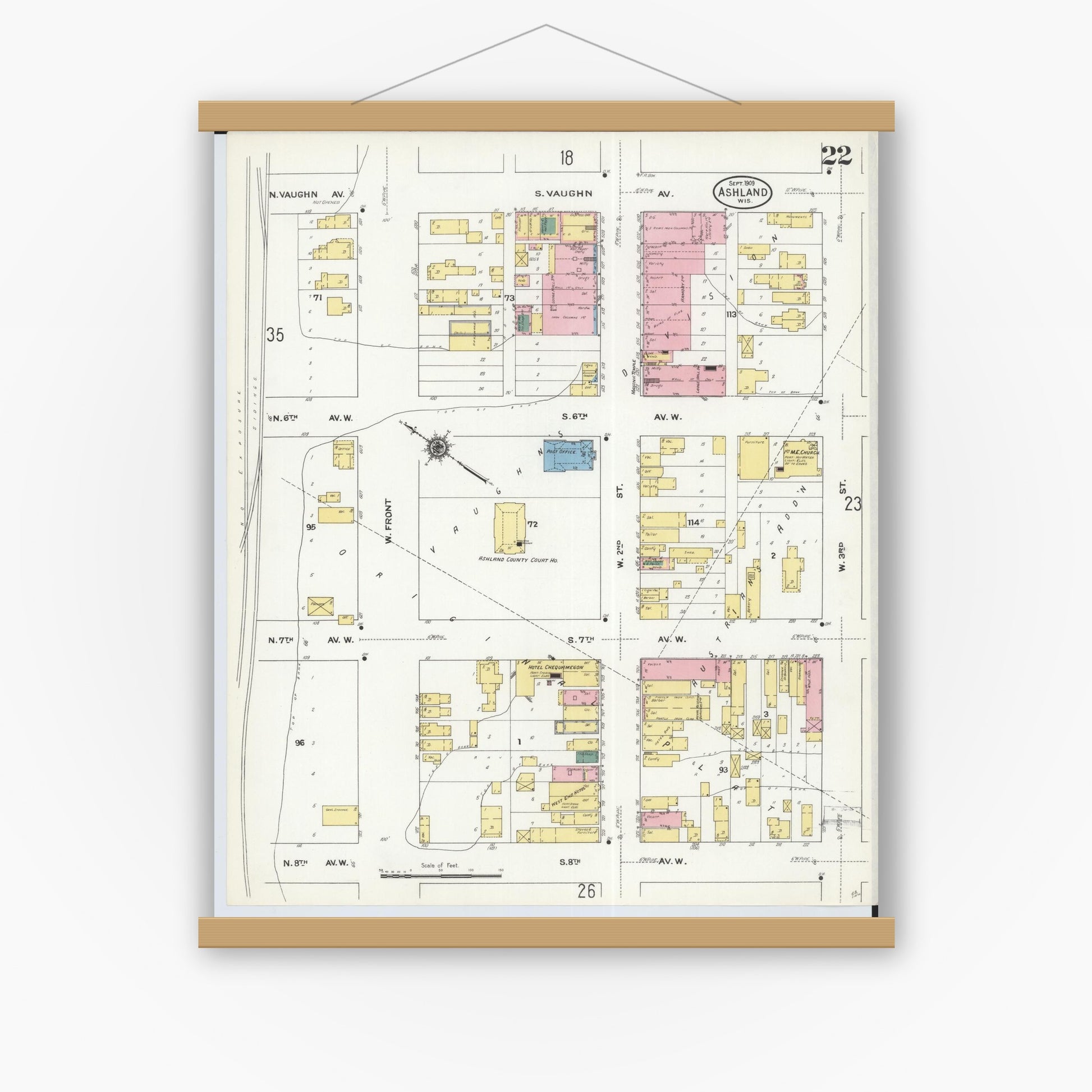 Old map wall art mockup — magnetic wood frame on white wall — Sanborn Fire Insurance Map from Ashland, Ashland County, Wisconsin (1909), Sheet #0022
