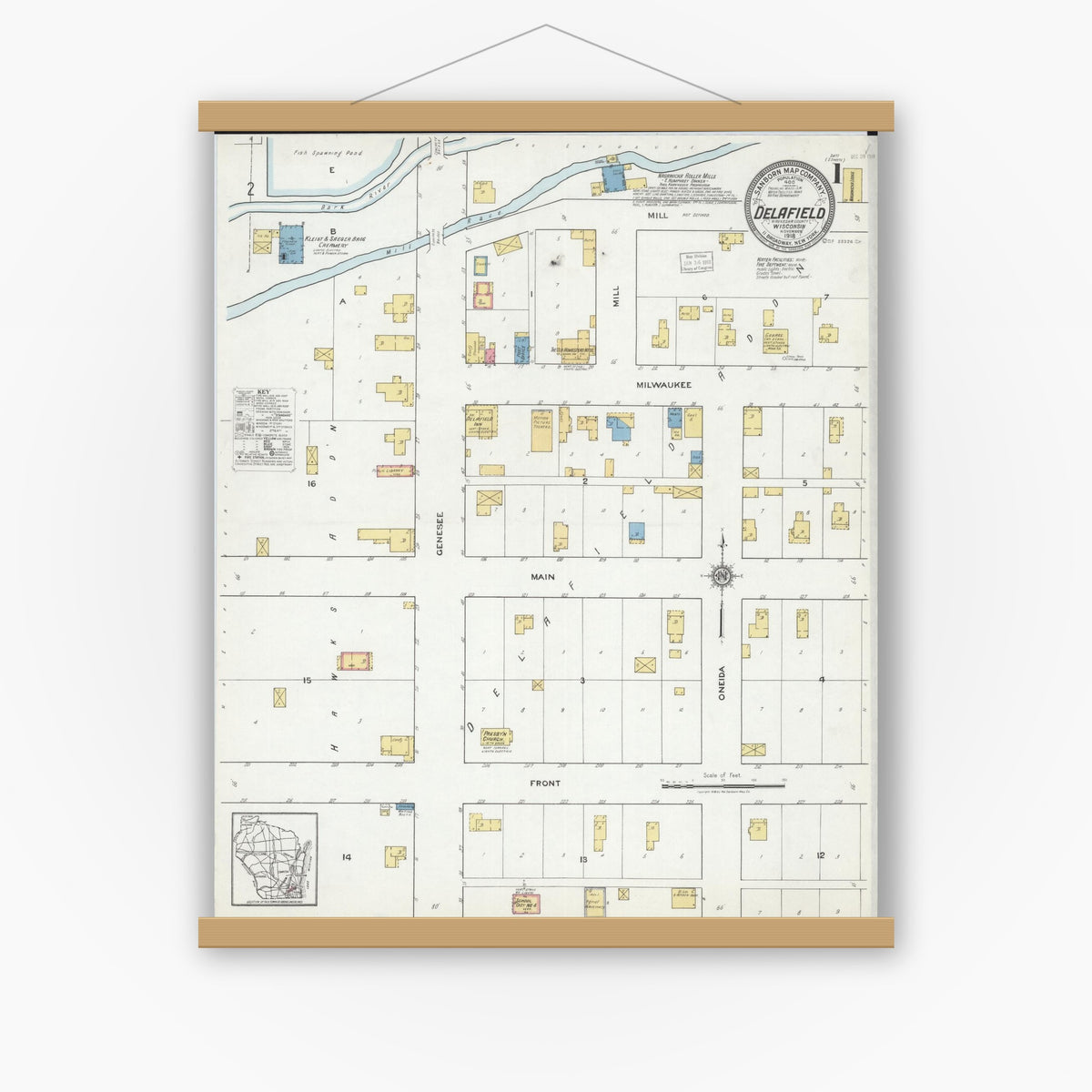 Old map wall art mockup — magnetic wood frame on white wall — Sanborn Fire Insurance Map from Delafield, Waukesha County, Wisconsin (1918) - Complete Map Set