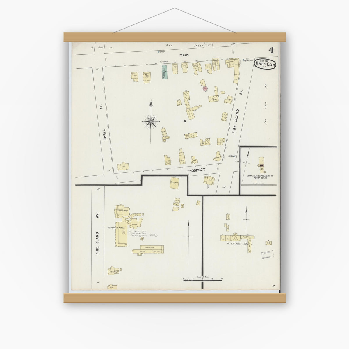 Old map wall art mockup — magnetic wood frame on white wall — Sanborn Fire Insurance Map from Babylon, Suffolk County, New York (1890), Sheet #0004