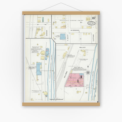 Old map wall art mockup — magnetic wood frame on white wall — Sanborn Fire Insurance Map from Joliet, Will County, Illinois (1891), Sheet #0027