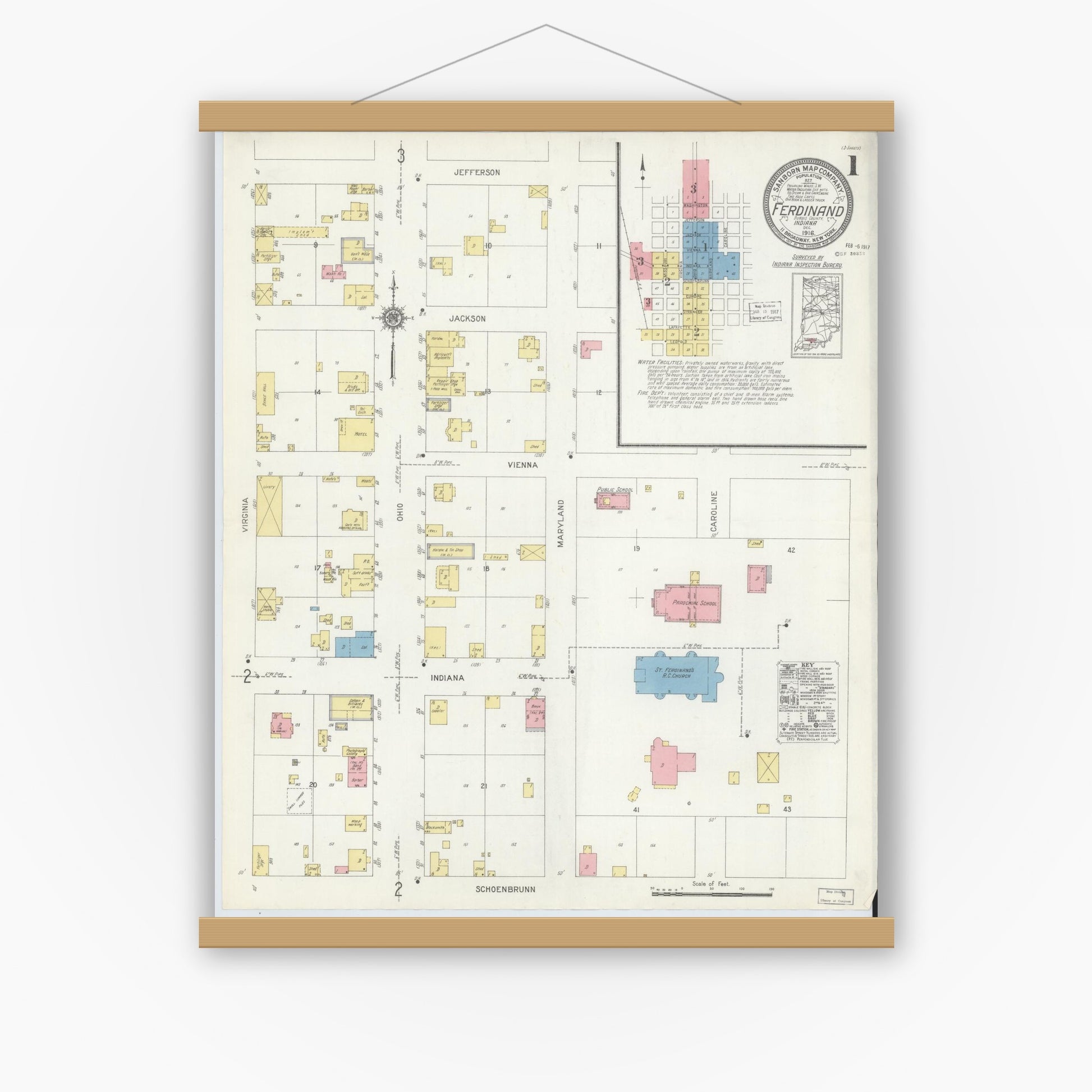 Old map wall art mockup — magnetic wood frame on white wall — Sanborn Fire Insurance Map from Ferdinand, Dubois County, Indiana (1916) - Complete Map Set