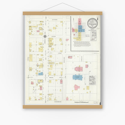 Old map wall art mockup — magnetic wood frame on white wall — Sanborn Fire Insurance Map from Ferdinand, Dubois County, Indiana (1916) - Complete Map Set