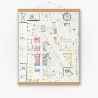 Old map wall art mockup — magnetic wood frame on white wall — Sanborn Fire Insurance Map from Lowry City, Saint Clair County, Missouri (1927), Sheet #0001