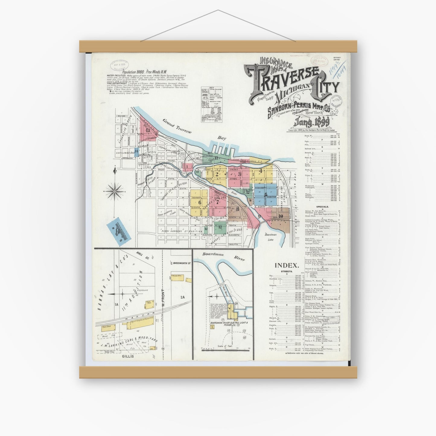 Old map wall art mockup — magnetic wood frame on white wall — Sanborn Fire Insurance Map from Traverse City, Grand Traverse County, Michigan (1899) - Complete Map Set