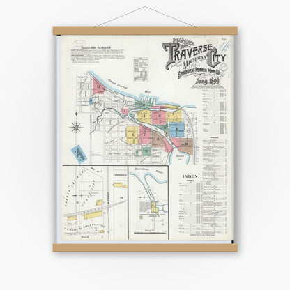 Old map wall art mockup — magnetic wood frame on white wall — Sanborn Fire Insurance Map from Traverse City, Grand Traverse County, Michigan (1899) - Complete Map Set