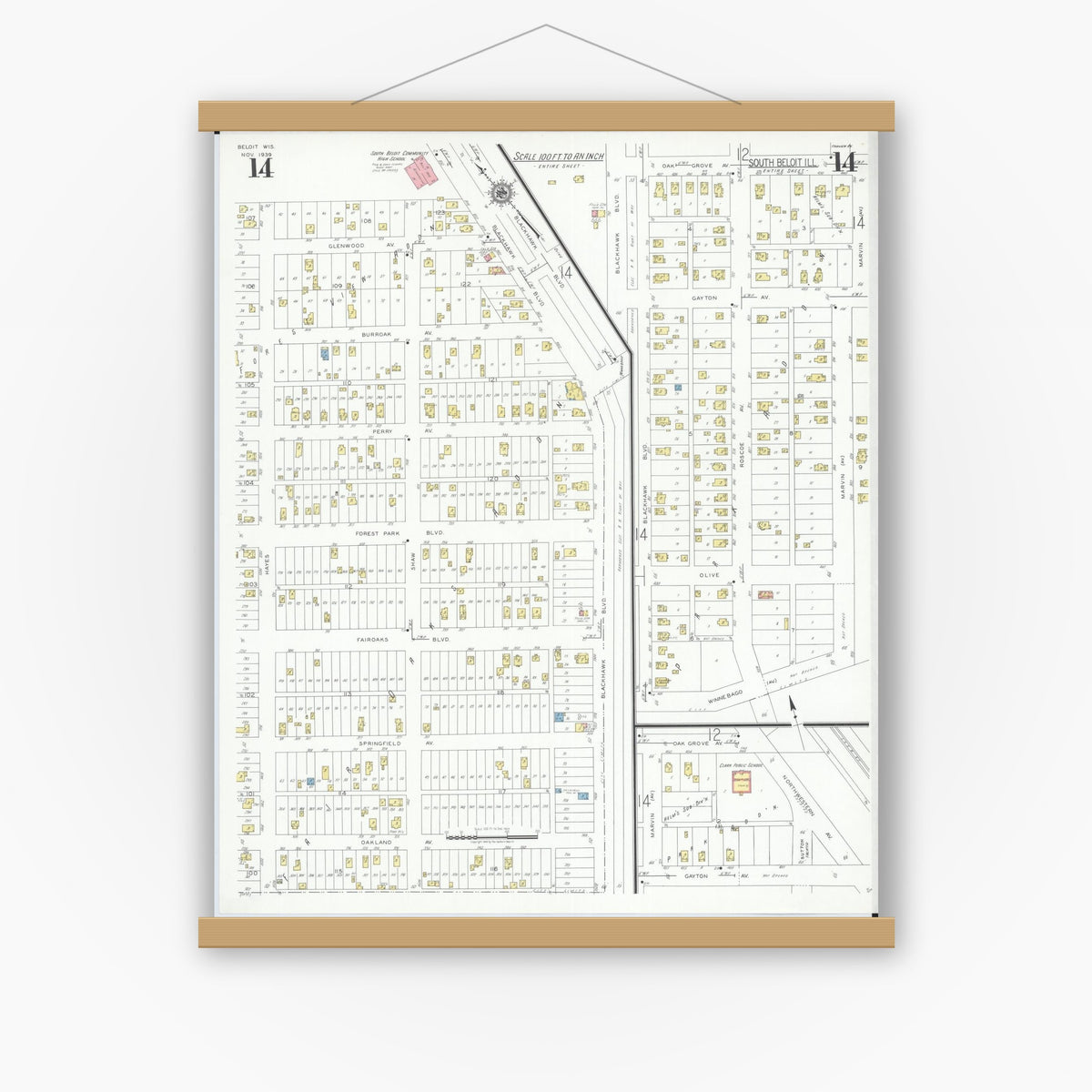 Old map wall art mockup — magnetic wood frame on white wall — Sanborn Fire Insurance Map from Beloit, Rock County, Wisconsin (1939), Sheet #0014