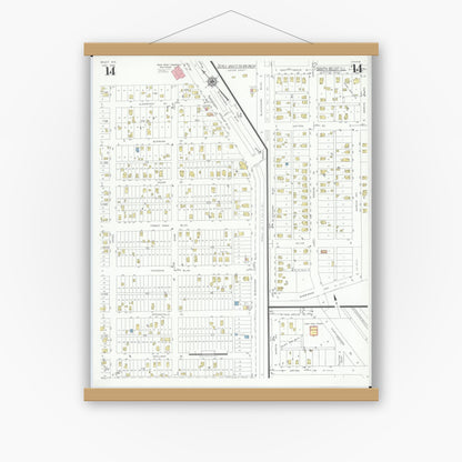 Old map wall art mockup — magnetic wood frame on white wall — Sanborn Fire Insurance Map from Beloit, Rock County, Wisconsin (1939), Sheet #0014