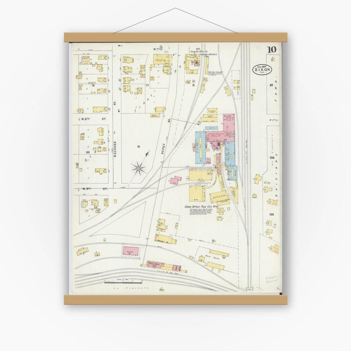 Old map wall art mockup — magnetic wood frame on white wall — Sanborn Fire Insurance Map from Dixon, Lee County, Illinois (1897), Sheet #0010