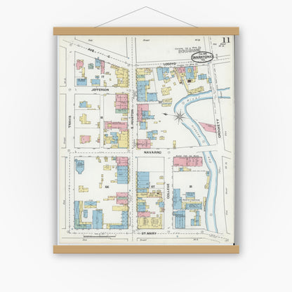 Old map wall art mockup — magnetic wood frame on white wall — Sanborn Fire Insurance Map from San Antonio, Bexar County, Texas (1892), Sheet #0011