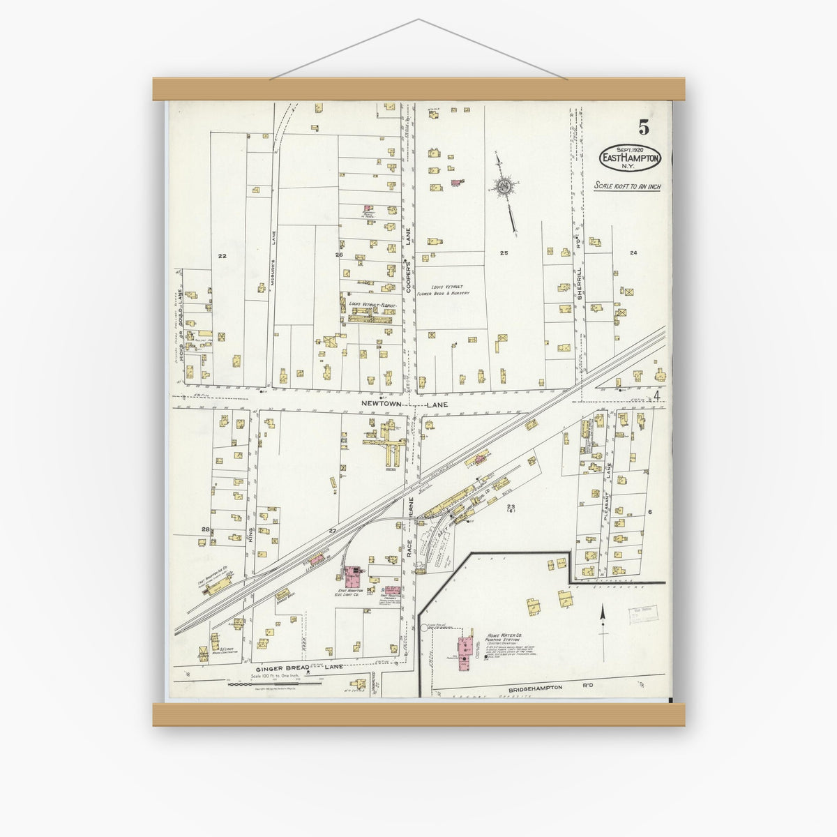 Old map wall art mockup — magnetic wood frame on white wall — Sanborn Fire Insurance Map from Easthampton, Suffolk County, New York (1920), Sheet #0005