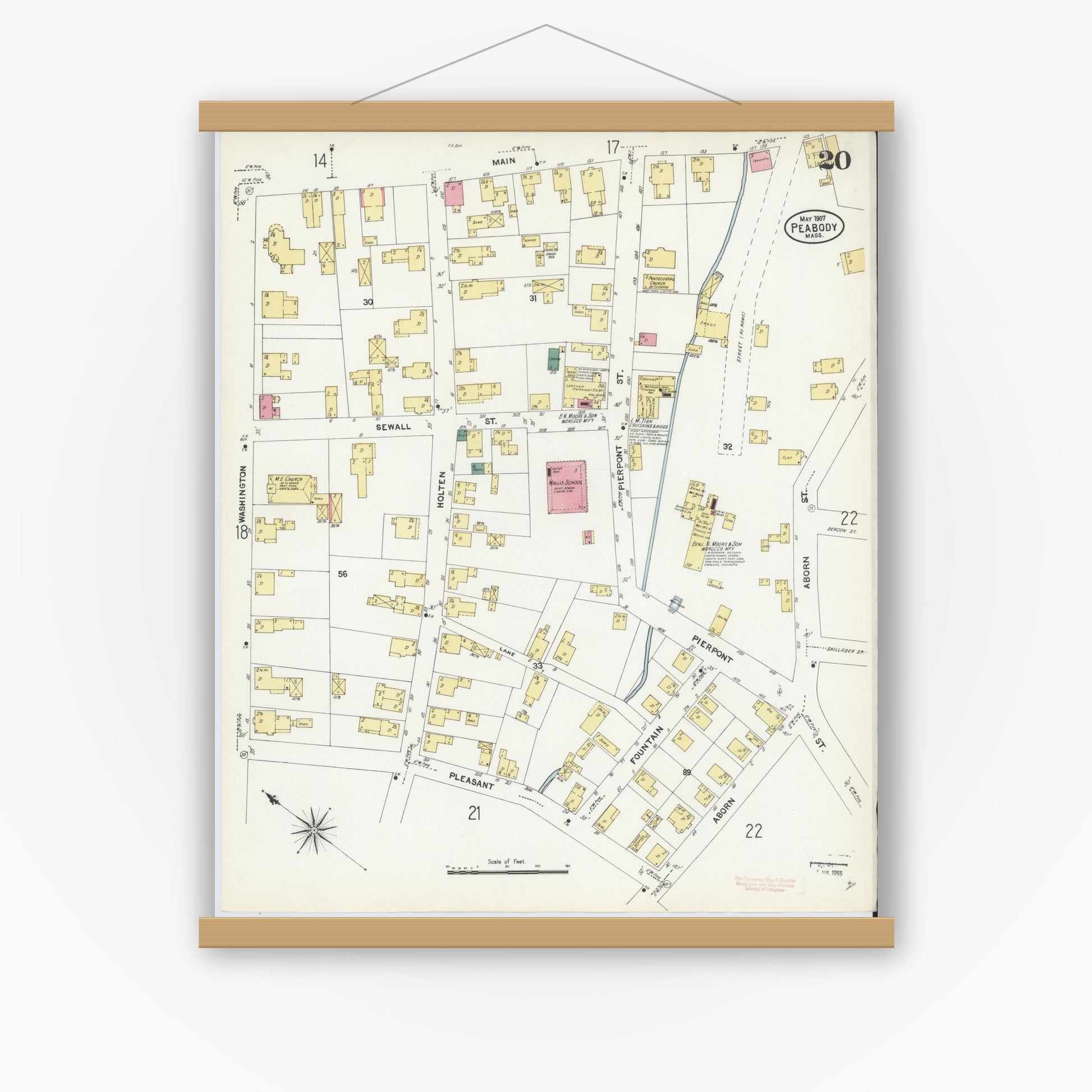 Old map wall art mockup — magnetic wood frame on white wall — Sanborn Fire Insurance Map from Peabody, Essex County, Massachusetts (1907), Sheet #0020