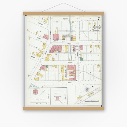 Old map wall art mockup — magnetic wood frame on white wall — Sanborn Fire Insurance Map from Whitehall, Muskegon County, Michigan (1902), Sheet #0007