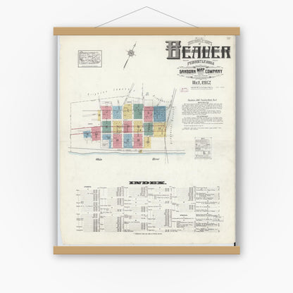 Old map wall art mockup — magnetic wood frame on white wall — Sanborn Fire Insurance Map from Beaver, Beaver County, Pennsylvania (1912), Sheet #0001