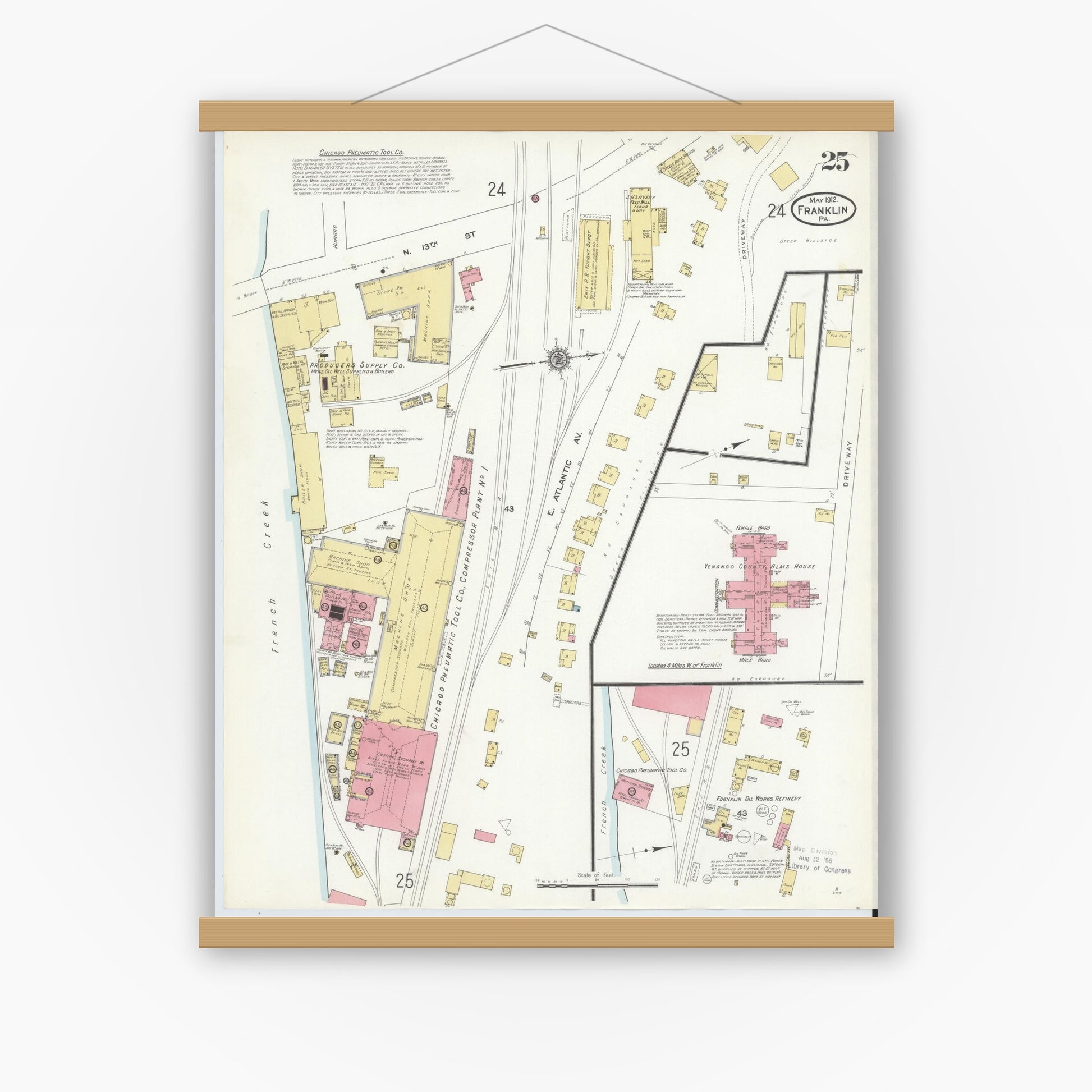 Old map wall art mockup — magnetic wood frame on white wall — Sanborn Fire Insurance Map from Franklin, Venango County, Pennsylvania (1912), Sheet #0025