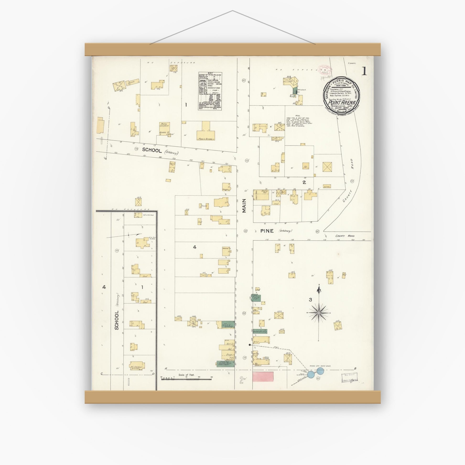 Old map wall art mockup — magnetic wood frame on white wall — Sanborn Fire Insurance Map from Point Arena, Mendocino County, California (1894) - Complete Map Set