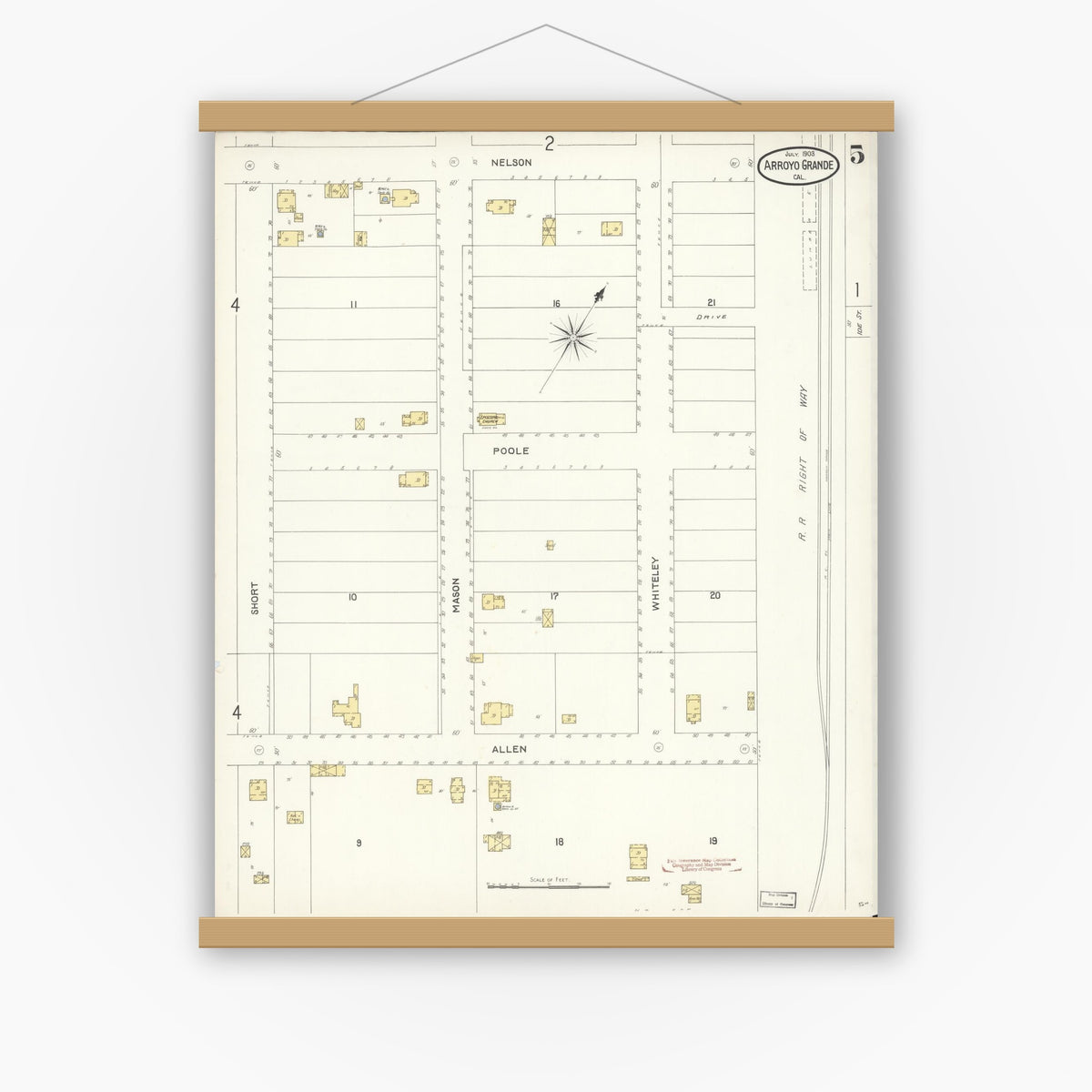 Old map wall art mockup — magnetic wood frame on white wall — Sanborn Fire Insurance Map from Arroyo Grande, San Luis Obispo County, California (1903), Sheet #0005