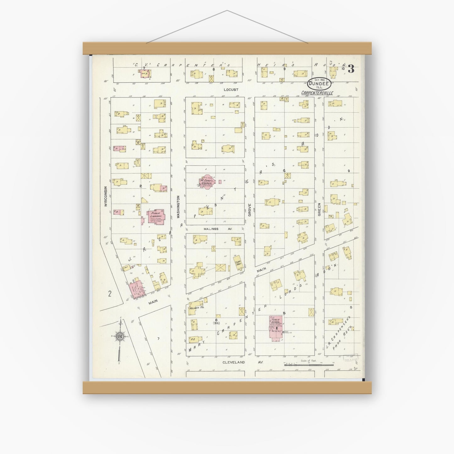 Old map wall art mockup — magnetic wood frame on white wall — Sanborn Fire Insurance Map from Dundee, Kane County, Illinois (1912), Sheet #0003