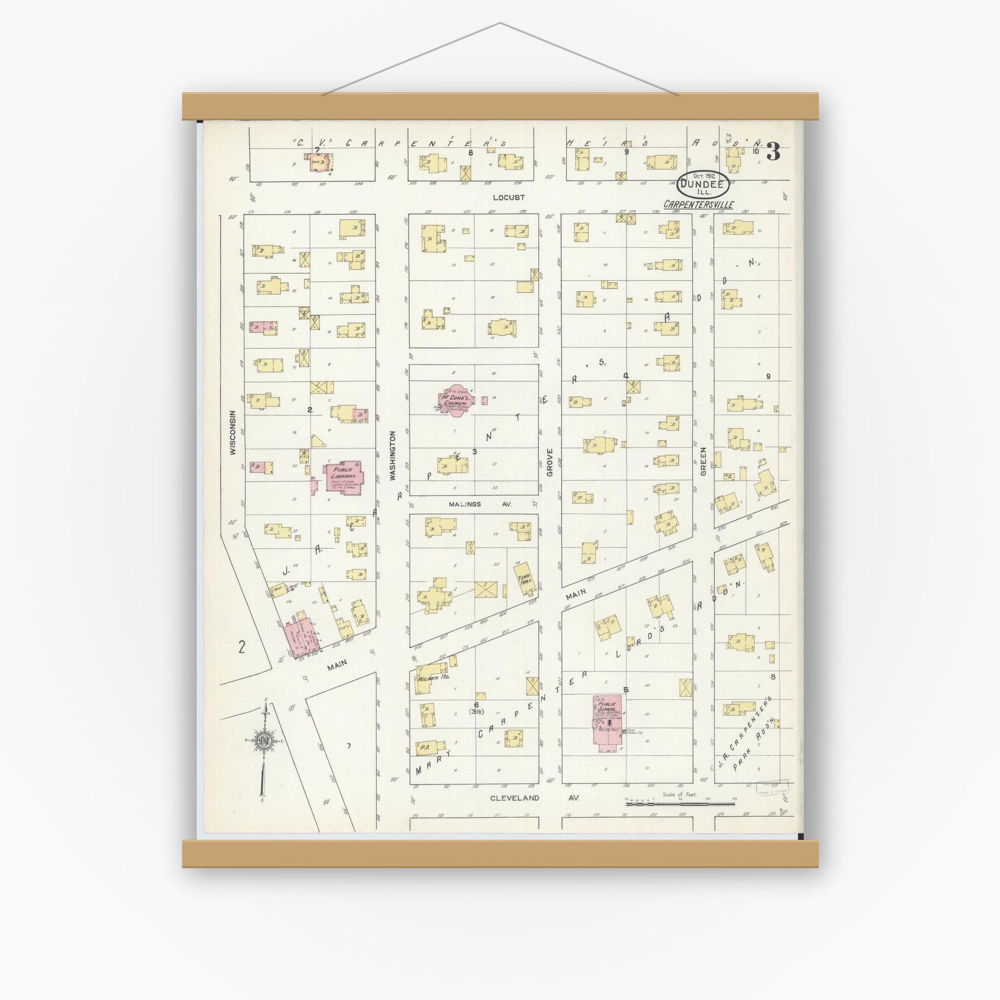 Old map wall art mockup — magnetic wood frame on white wall — Sanborn Fire Insurance Map from Dundee, Kane County, Illinois (1912), Sheet #0003