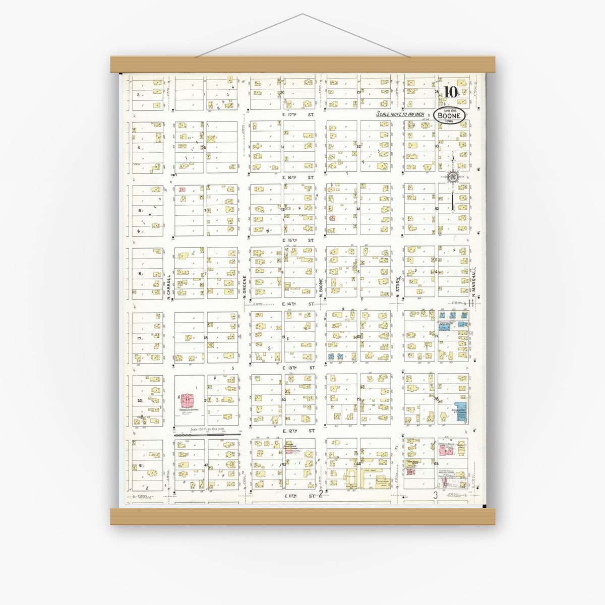 Old map wall art mockup — magnetic wood frame on white wall — Sanborn Fire Insurance Map from Boone, Boone County, Iowa (1916), Sheet #0010