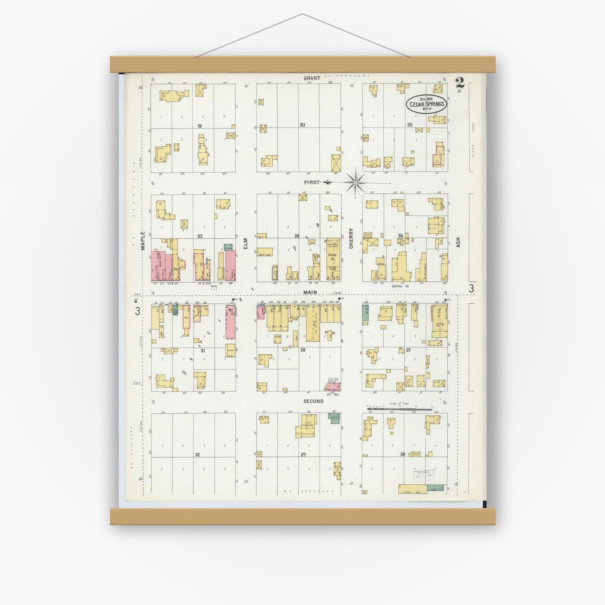 Old map wall art mockup — magnetic wood frame on white wall — Sanborn Fire Insurance Map from Cedar Springs, Kent County, Michigan (1899), Sheet #0002