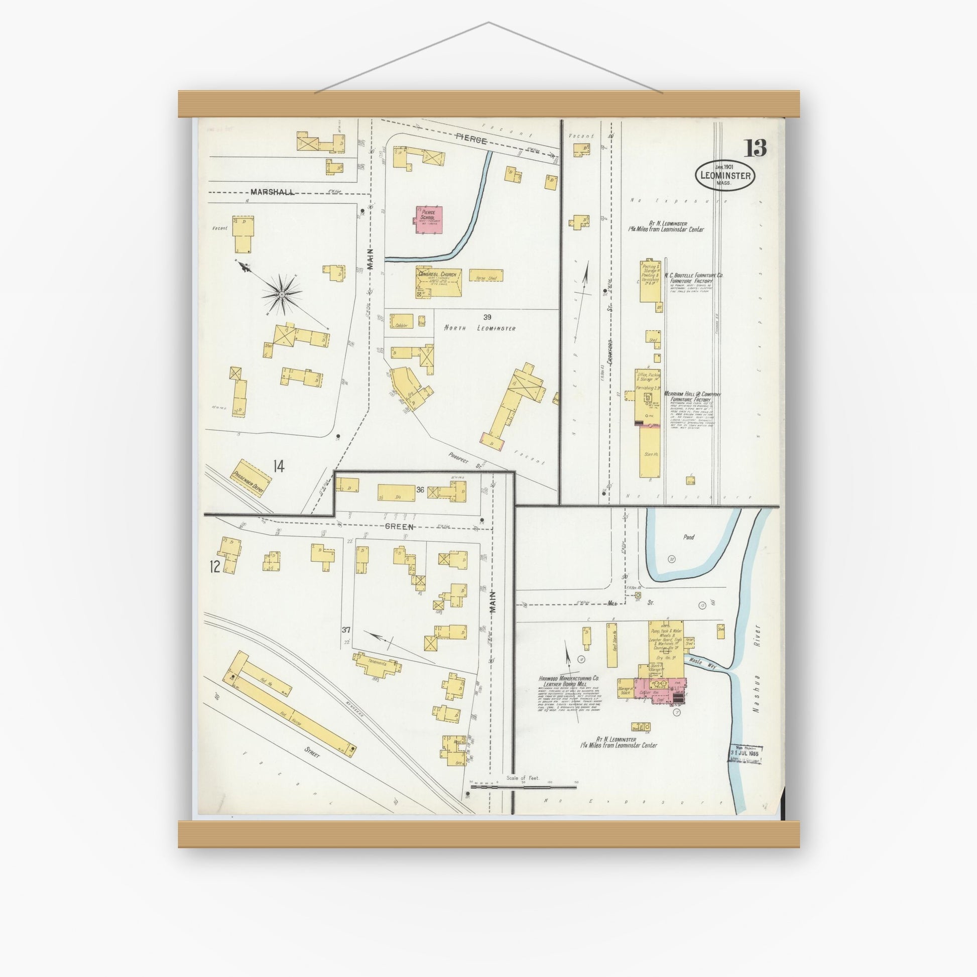 Old map wall art mockup — magnetic wood frame on white wall — Sanborn Fire Insurance Map from Leominster, Worcester County, Massachusetts (1901), Sheet #0013