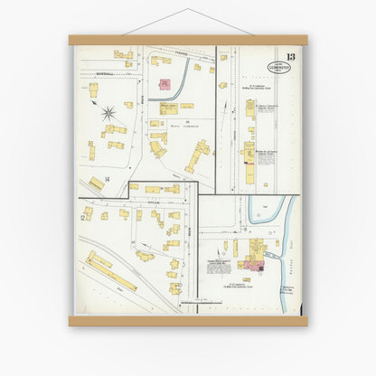 Old map wall art mockup — magnetic wood frame on white wall — Sanborn Fire Insurance Map from Leominster, Worcester County, Massachusetts (1901), Sheet #0013