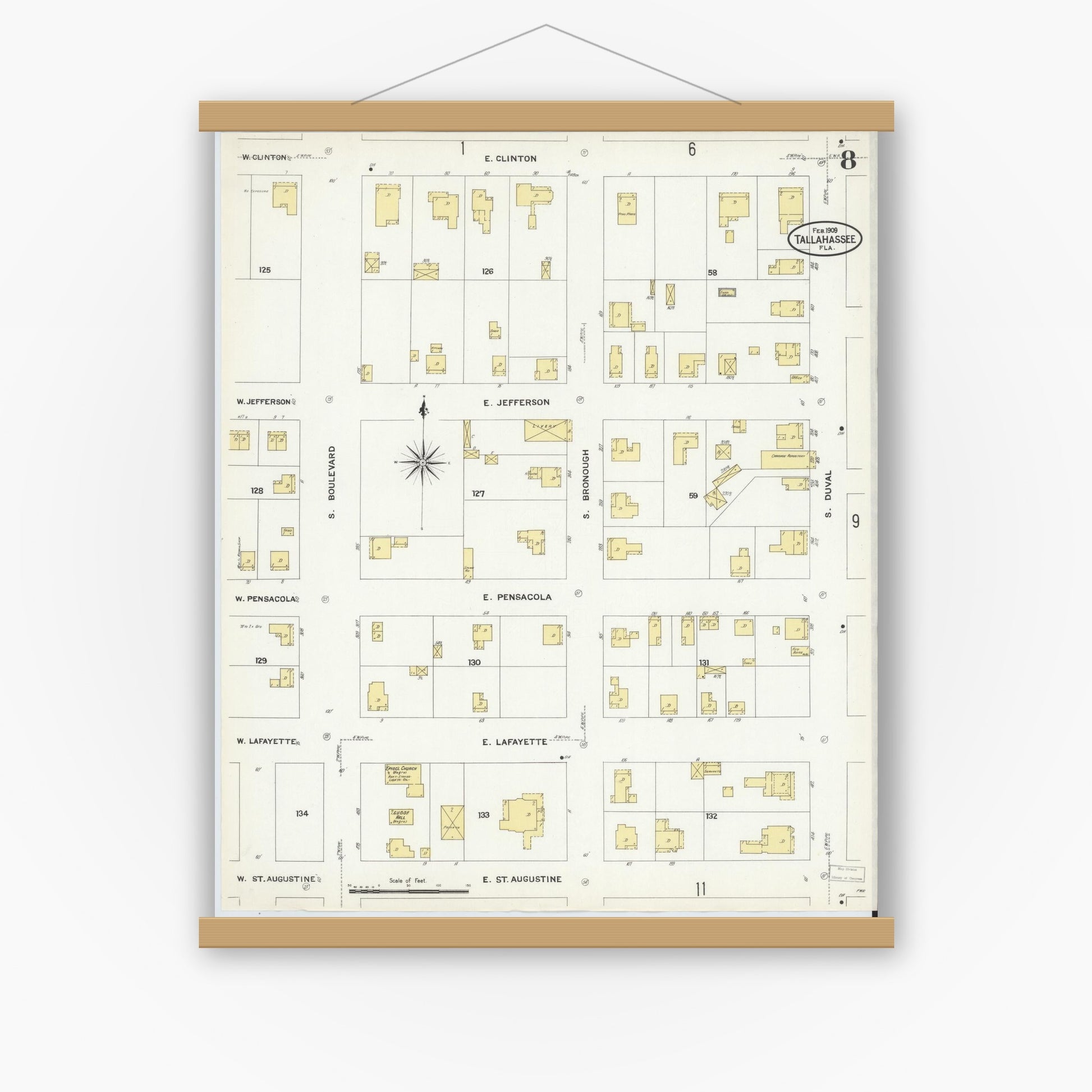 Old map wall art mockup — magnetic wood frame on white wall — Sanborn Fire Insurance Map from Tallahassee, Leon County, Florida (1909), Sheet #0008
