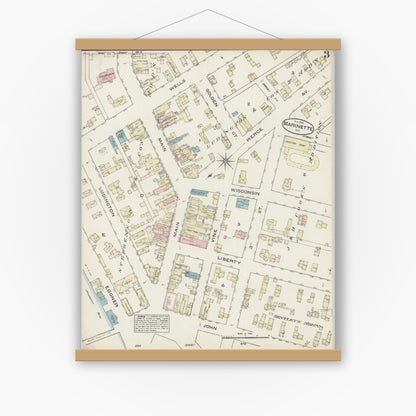 Old map wall art mockup — magnetic wood frame on white wall — Sanborn Fire Insurance Map from Marinette, Marinette County, Wisconsin (1884), Sheet #0003