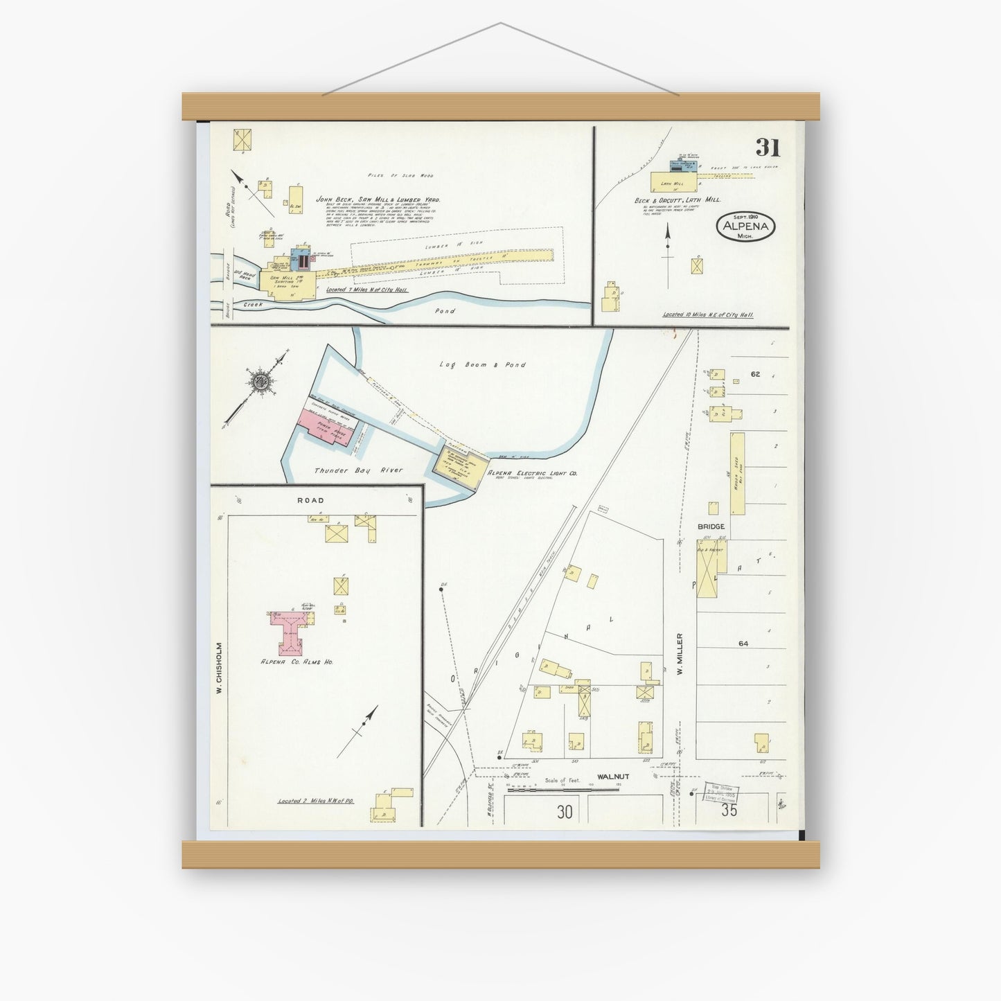 Old map wall art mockup — magnetic wood frame on white wall — Sanborn Fire Insurance Map from Alpena, Alpena County, Michigan (1910), Sheet #0031
