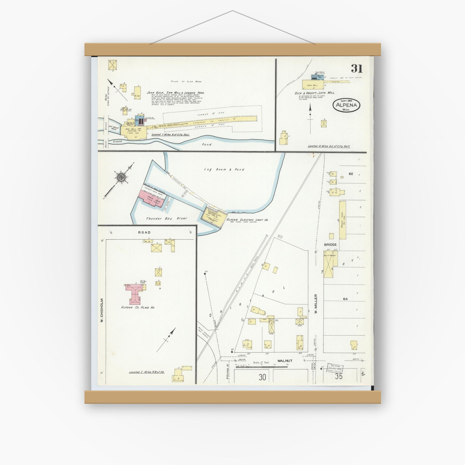 Old map wall art mockup — magnetic wood frame on white wall — Sanborn Fire Insurance Map from Alpena, Alpena County, Michigan (1910), Sheet #0031