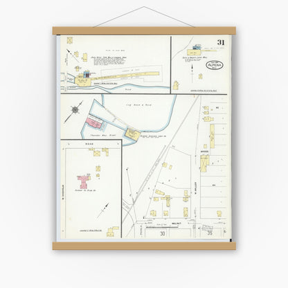 Old map wall art mockup — magnetic wood frame on white wall — Sanborn Fire Insurance Map from Alpena, Alpena County, Michigan (1910), Sheet #0031