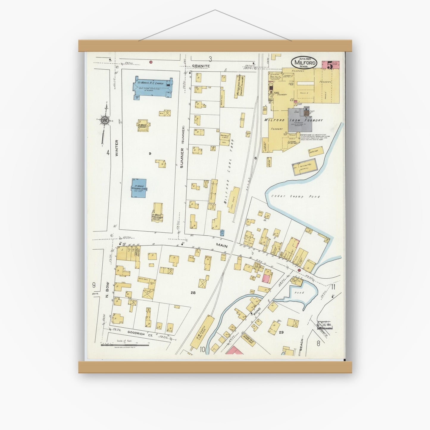 Old map wall art mockup — magnetic wood frame on white wall — Sanborn Fire Insurance Map from Milford, Worcester County, Massachusetts (1920), Sheet #0005
