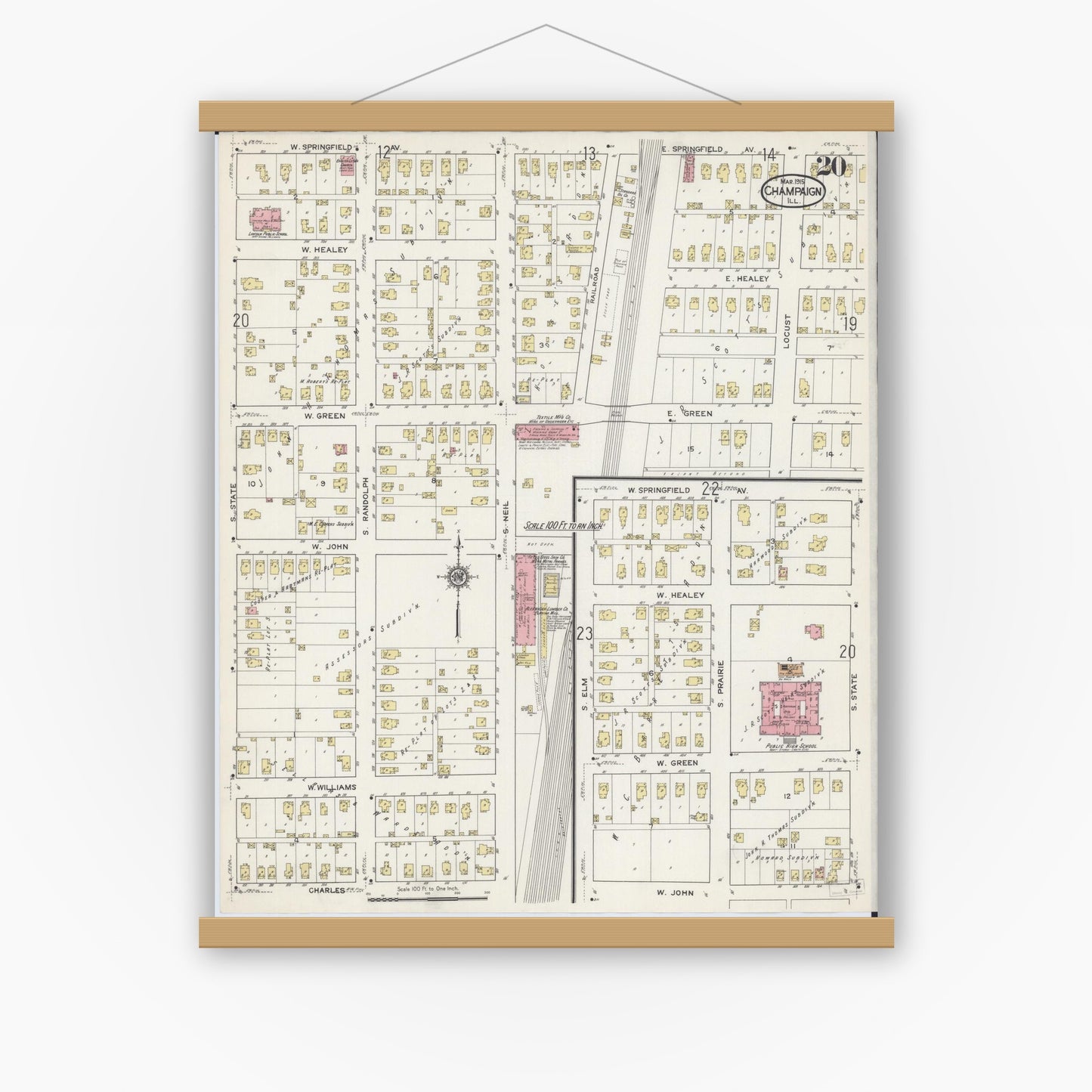Old map wall art mockup — magnetic wood frame on white wall — Sanborn Fire Insurance Map from Champaign, Champaign County, Illinois (1915), Sheet #0020